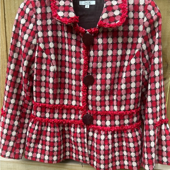 Jade Red and Cream Ruffle Checkered Jacket size 6 Retro - Picture 6 of 11